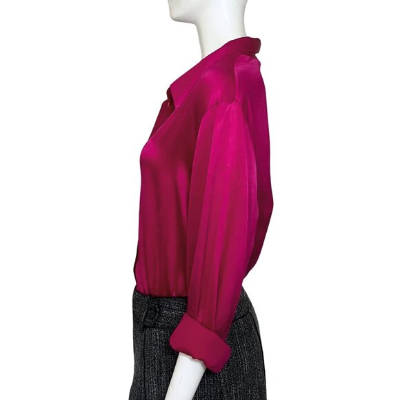 Vintage Y2K Silk Magenta Button Down Long Sleeve Blouse L/XL Office Sexy Classic - Picture 6 of 11